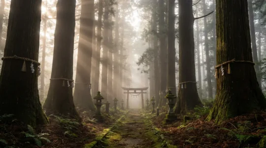 Allée de sanctuaire shinto traversant une forêt sacrée avec lanternes de pierre et torii rouge vermillon