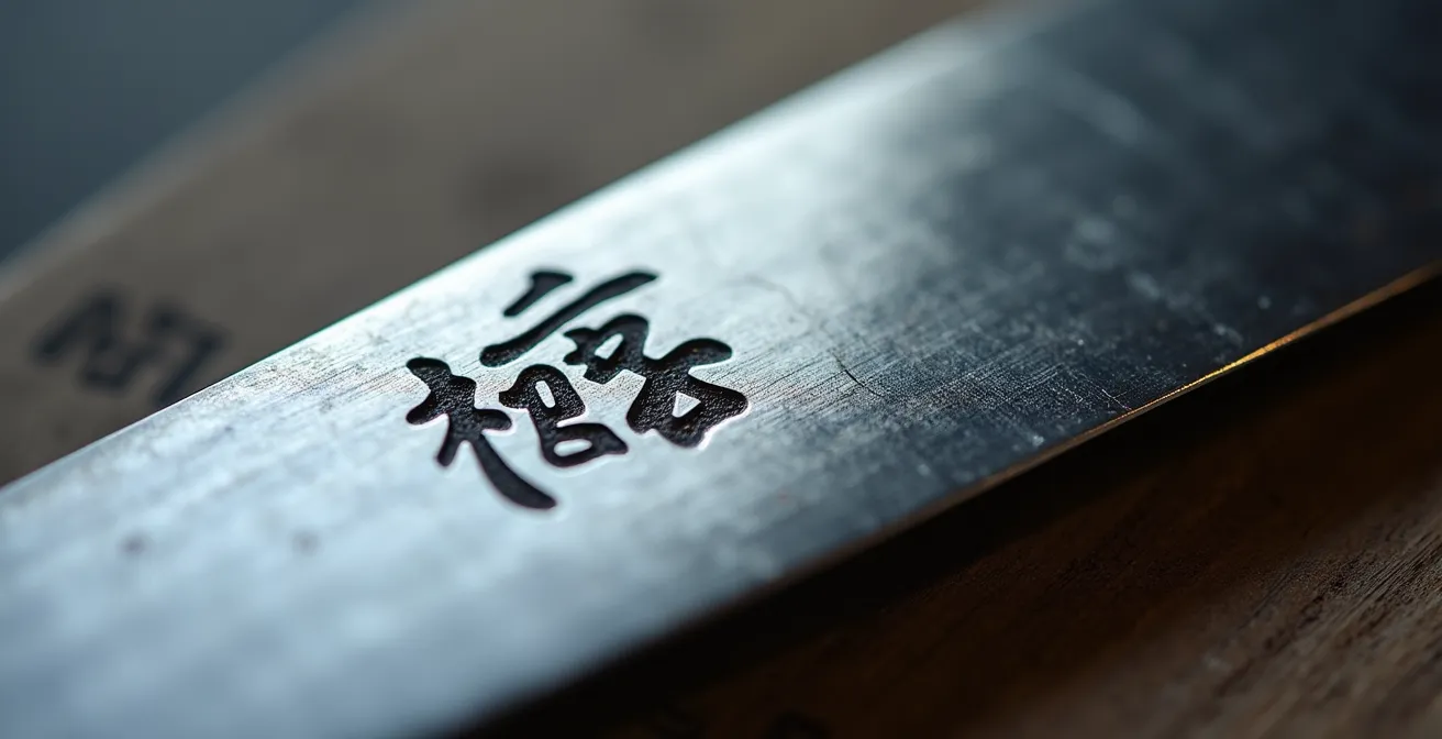 Détail macro d'un sceau gravé sur une lame de couteau japonais artisanal