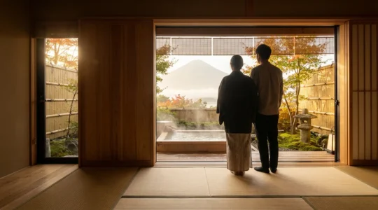 Couple profitant d'un onsen privatif dans un ryokan traditionnel avec vue sur le mont Fuji