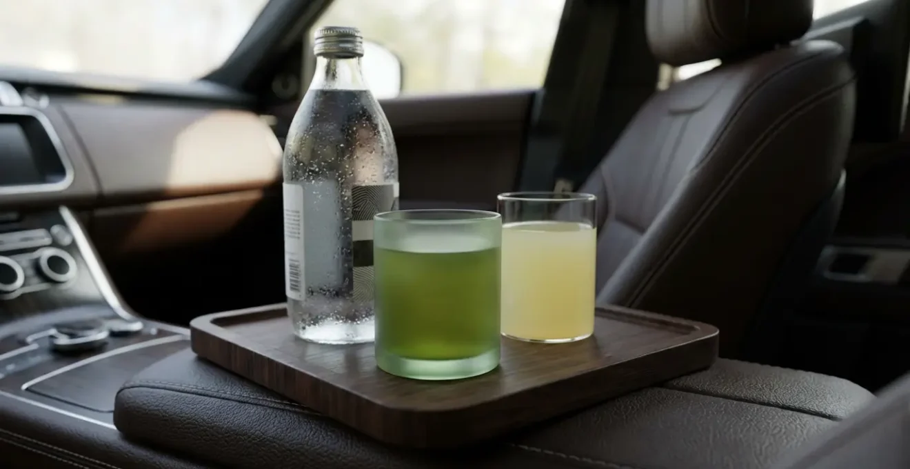 Plateau élégant avec bouteille d'eau du Mont Fuji, thé vert glacé et jus de yuzu dans une limousine