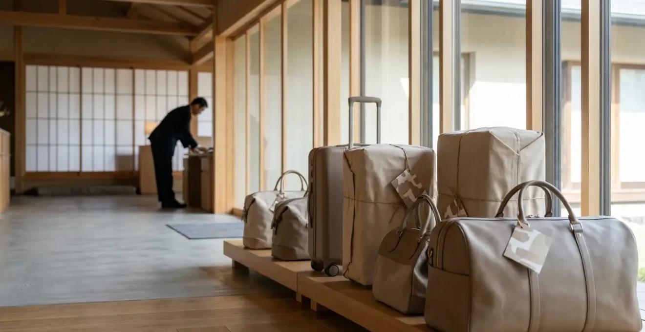 Hall d'hôtel japonais luxueux avec valises préparées pour expédition, concierge en arrière-plan flou