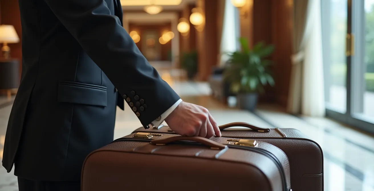 Concierge d'hôtel japonais en uniforme impeccable arrangeant des valises de luxe dans un hall élégant