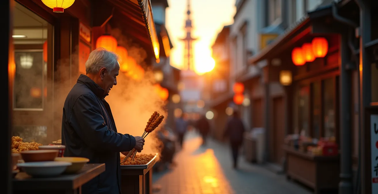 Ruelle atmosphérique de Shinsekai au crépuscule avec la tour Tsutenkaku illuminée en arrière-plan