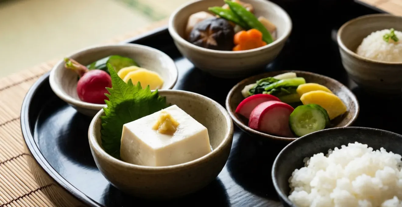 Plateau traditionnel de shojin ryori avec petits bols de légumes colorés, tofu et riz disposés harmonieusement sur bois laqué