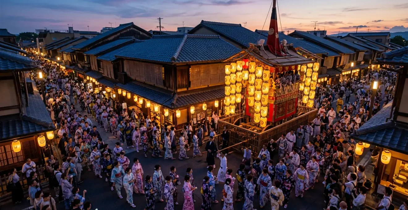 Foule de visiteurs en yukata admirant un char illuminé par des lanternes pendant la soirée Yoiyama du Gion Matsuri