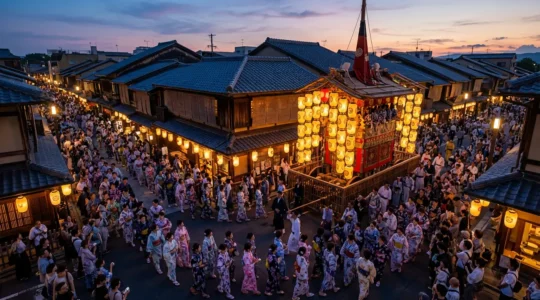 Foule de visiteurs en yukata admirant un char illuminé par des lanternes pendant la soirée Yoiyama du Gion Matsuri