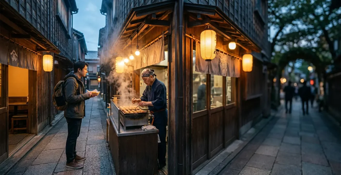 Un voyageur immobile devant une échoppe de takoyaki dans une ruelle étroite d'Osaka, savourant respectueusement sa nourriture sur place