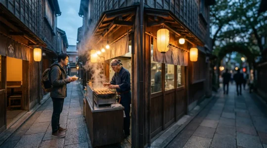 Un voyageur immobile devant une échoppe de takoyaki dans une ruelle étroite d'Osaka, savourant respectueusement sa nourriture sur place