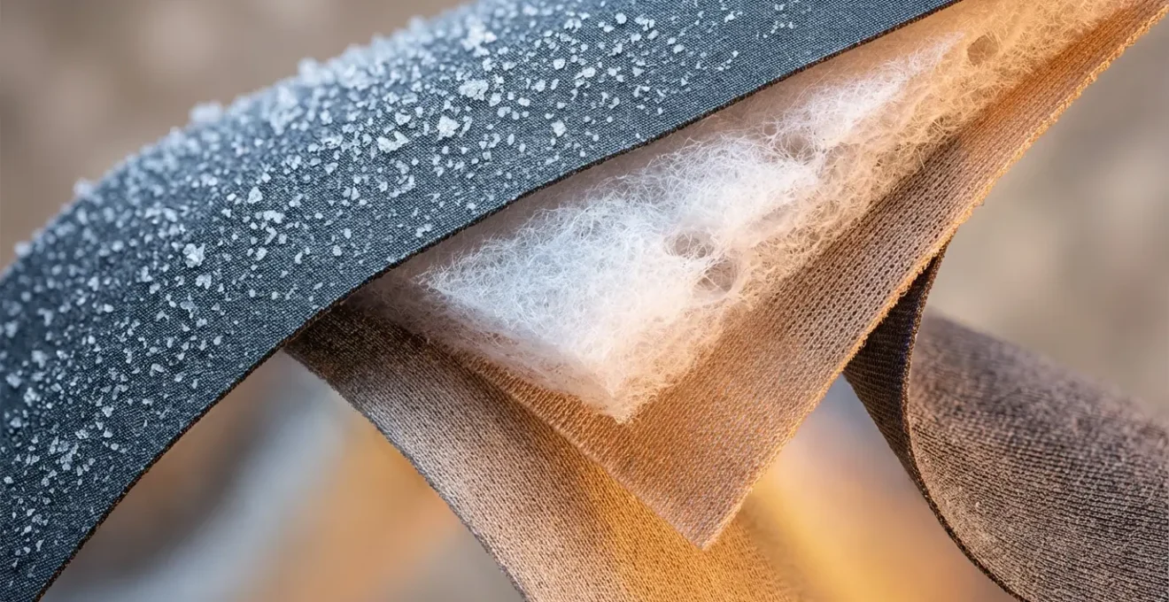 Vue macro détaillée des trois couches de vêtements techniques superposées pour l'isolation thermique extrême