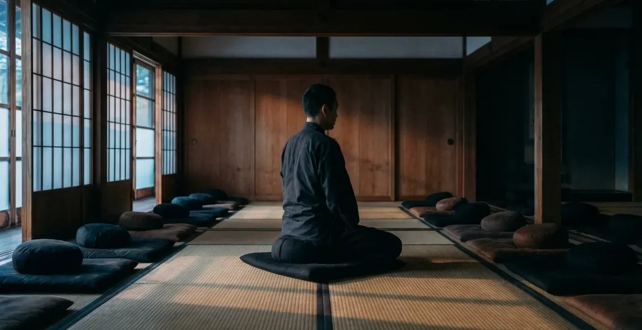 Vue intérieure d'une salle de méditation traditionnelle japonaise avec coussins alignés