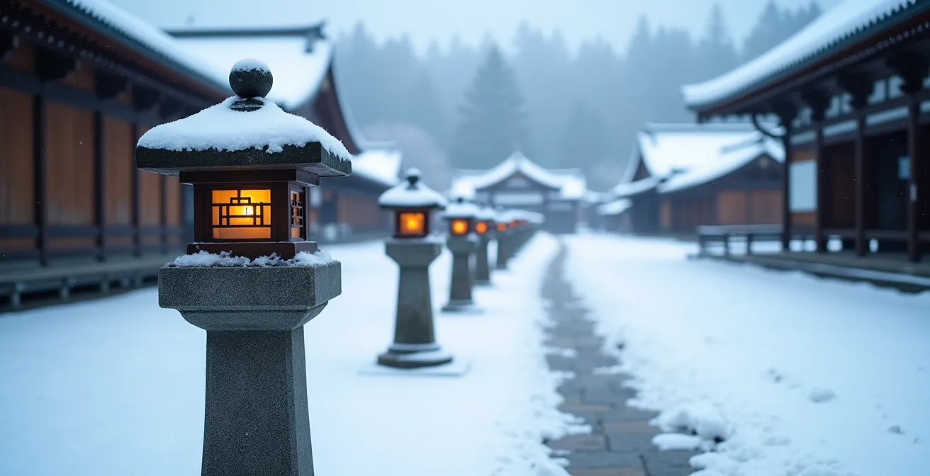 Temple japonais sous la neige en hiver au Mont Koya avec lanternes de pierre