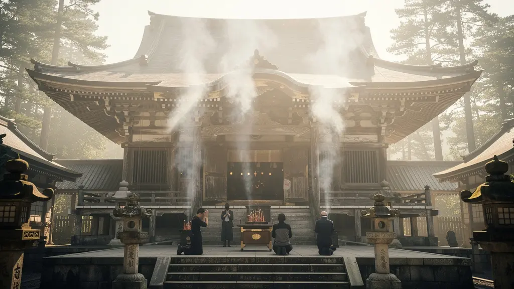 Vue de l'imposant hall principal du temple Zenko-ji avec fumée d'encens s'élevant dans la lumière dorée