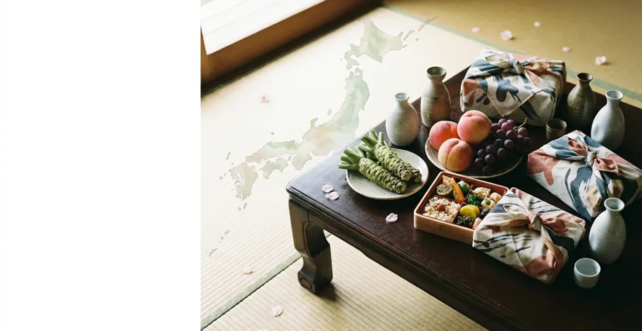 Éventail de produits gastronomiques japonais régionaux disposés sur une table traditionnelle en bois avec une carte stylisée du Japon en arrière-plan
