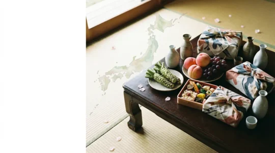 Éventail de produits gastronomiques japonais régionaux disposés sur une table traditionnelle en bois avec une carte stylisée du Japon en arrière-plan
