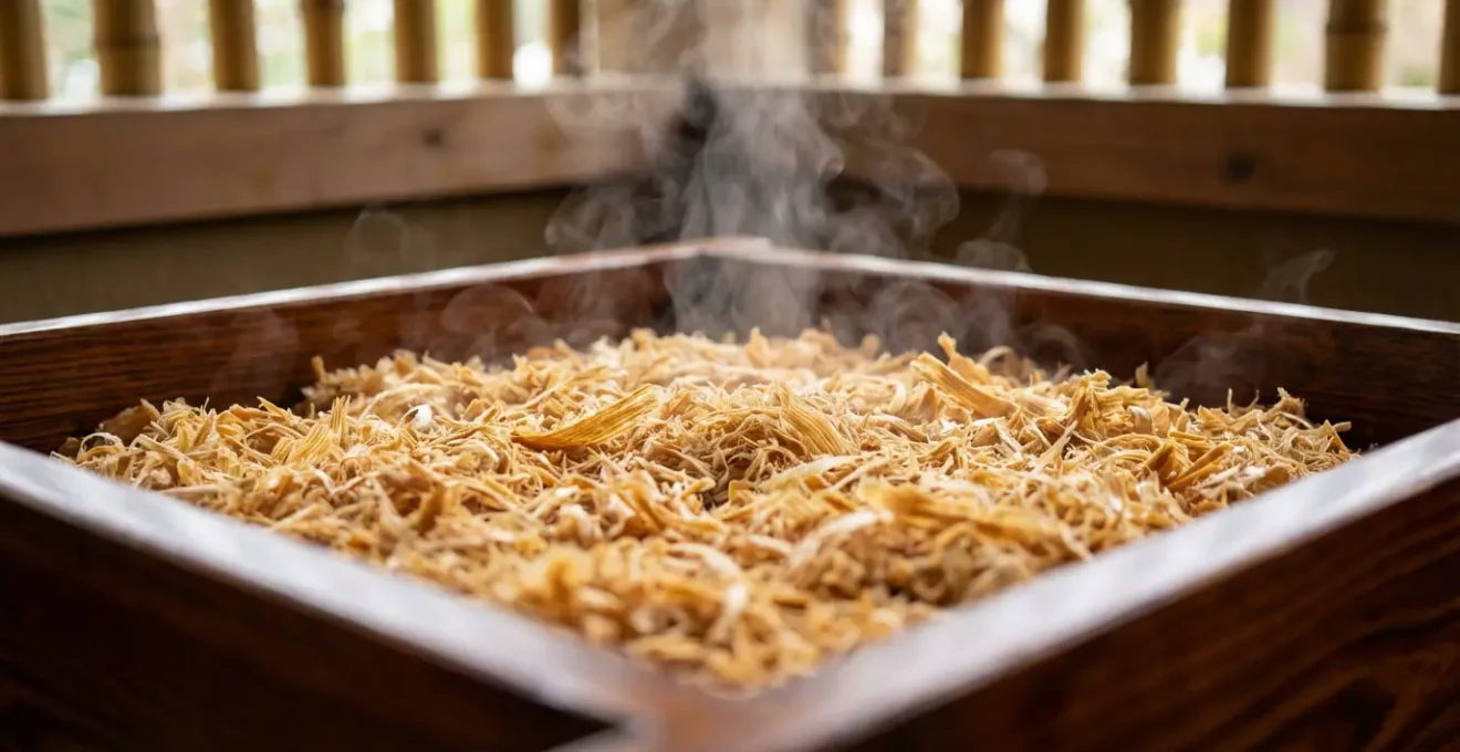 Intérieur de toilettes sèches japonaises avec sciure de cyprès et ventilation naturelle
