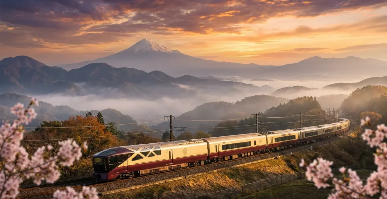 Train de luxe japonais avec vue panoramique sur le mont Fuji au coucher du soleil