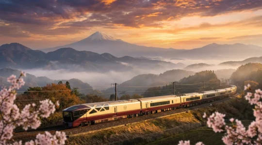 Train de luxe japonais avec vue panoramique sur le mont Fuji au coucher du soleil