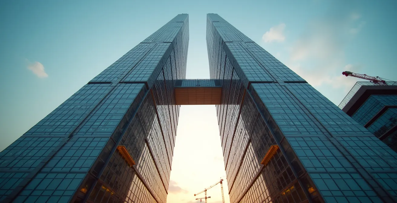 Vue en contre-plongée dramatique de l'Umeda Sky Building montrant les deux tours reliées par l'observatoire flottant