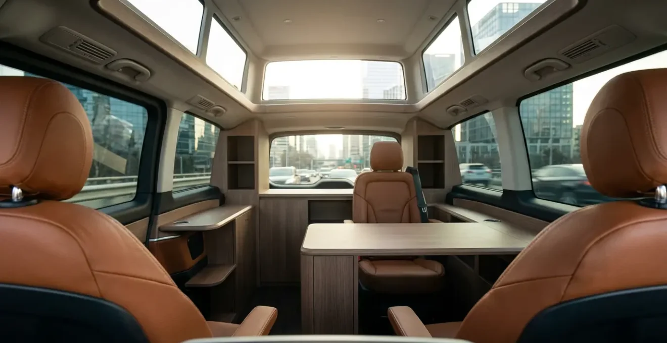 Intérieur luxueux d'un véhicule haut de gamme transformé en bureau mobile avec sièges captain confortables