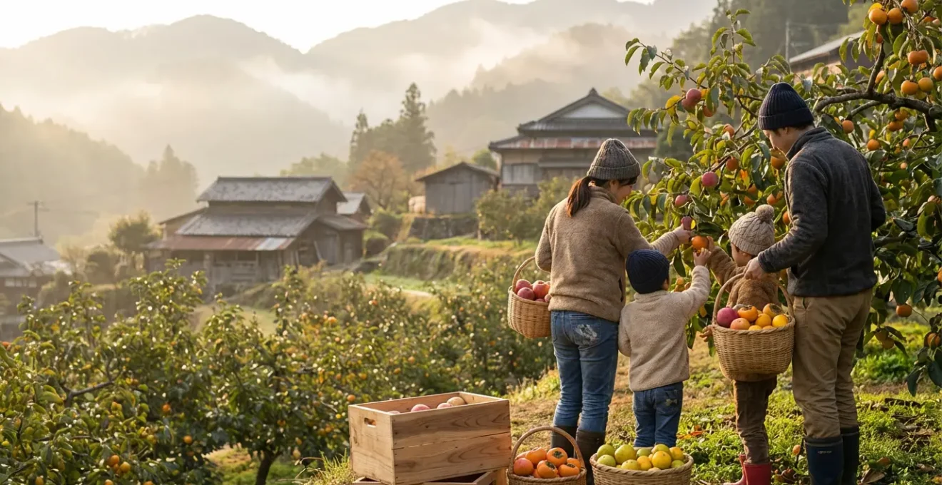 Famille japonaise cueillant des fruits dans un verger en terrasse avec vue sur les montagnes