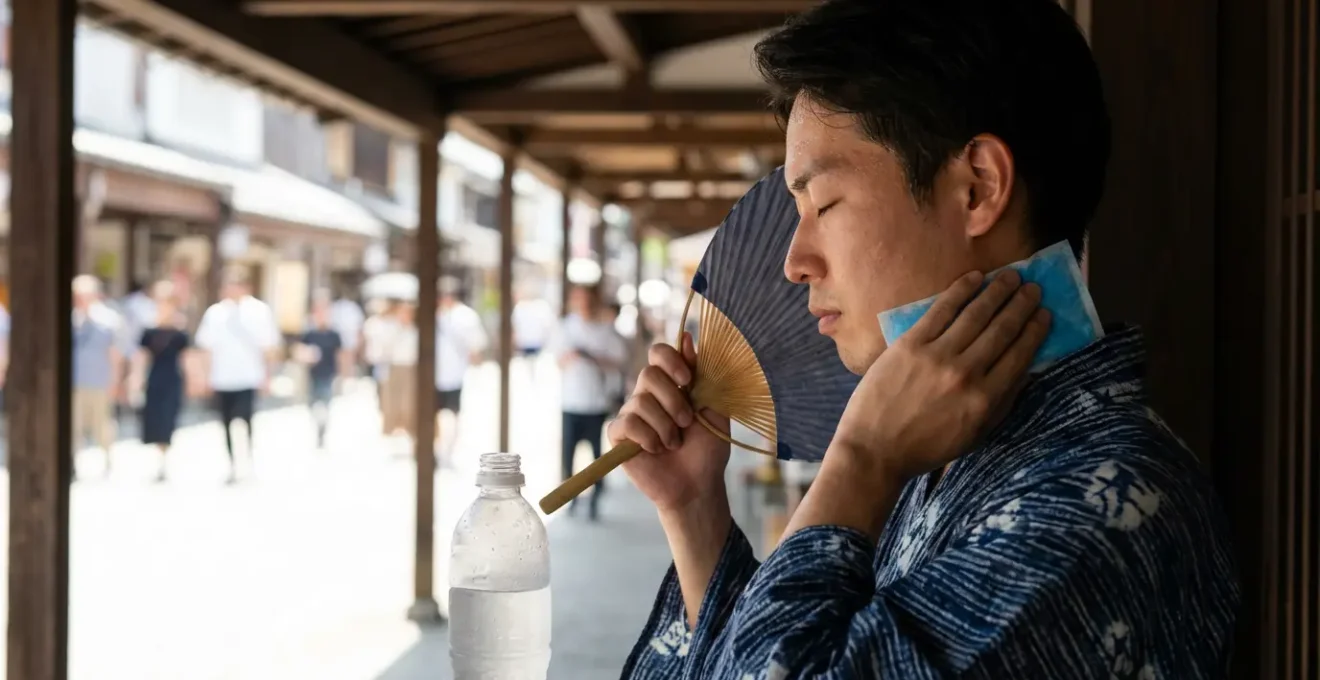 Visiteur se protégeant de la chaleur avec une serviette rafraîchissante et un éventail sous une arcade ombragée