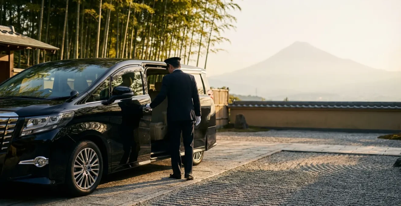 Chauffeur privé en uniforme ouvrant la portière d'une berline de luxe dans un cadre japonais avec architecture traditionnelle en arrière-plan