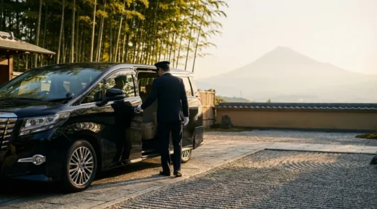 Chauffeur privé en uniforme ouvrant la portière d'une berline de luxe dans un cadre japonais avec architecture traditionnelle en arrière-plan