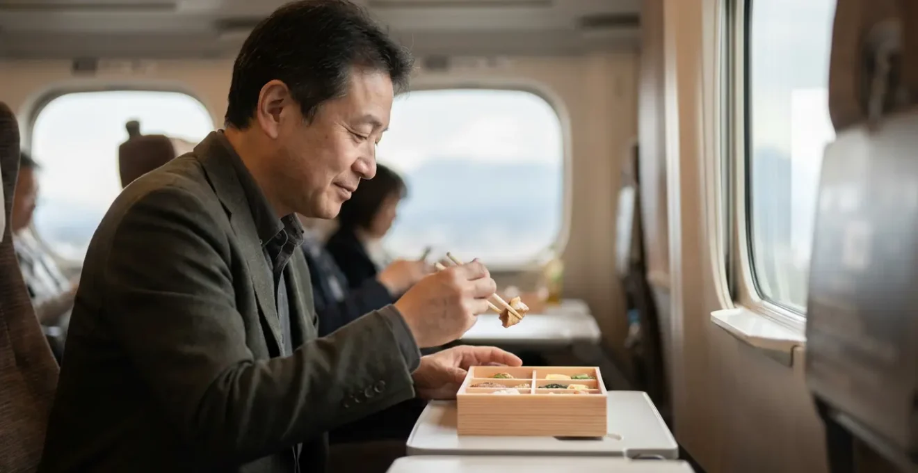 Voyageur dégustant discrètement son ekiben dans un Shinkansen