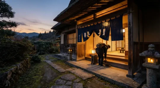 Un voyageur s'inclinant devant l'entrée illuminée d'un ryokan traditionnel japonais au crépuscule