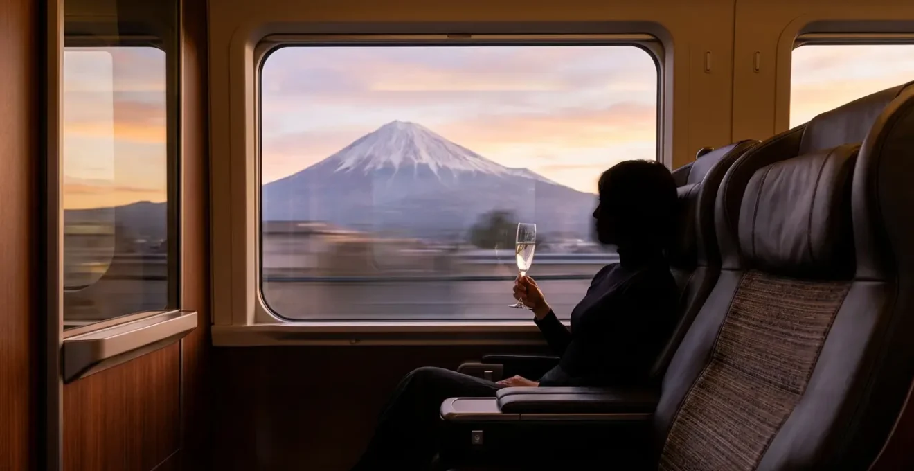 Voyageur en costume élégant observant le mont Fuji depuis la fenêtre d'un train Shinkansen première classe