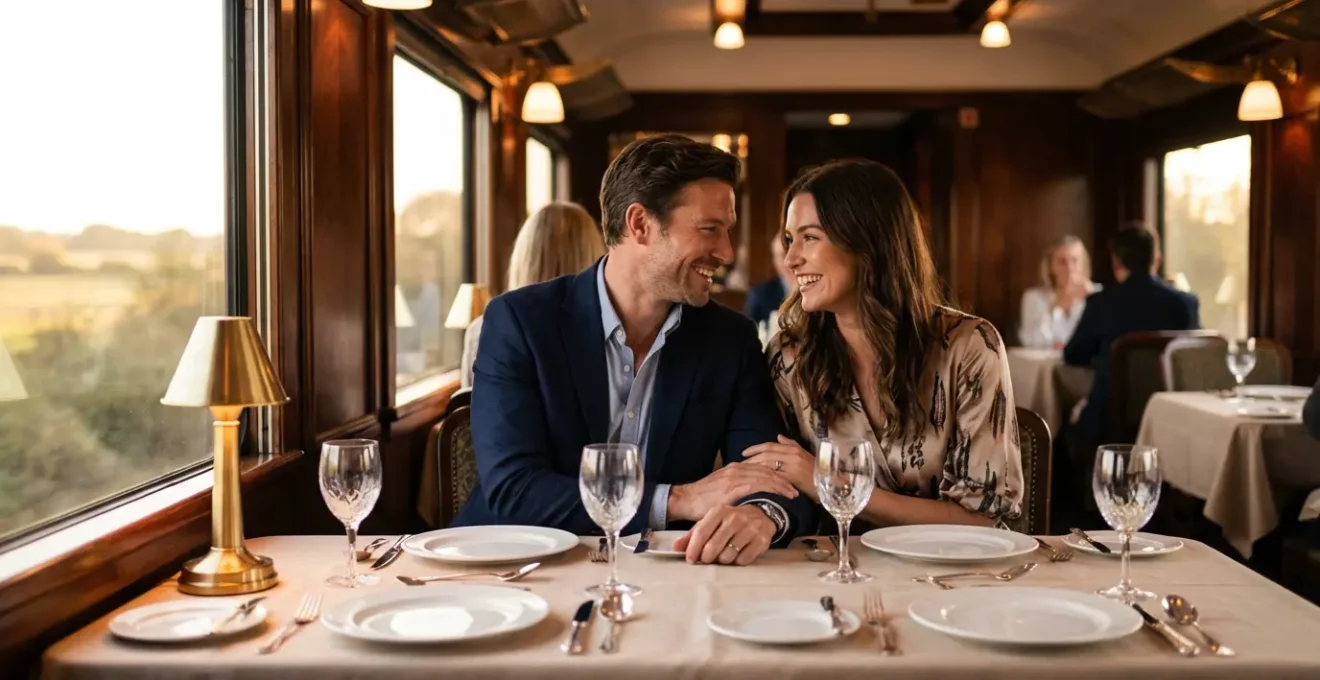 Intérieur élégant d'un wagon-restaurant de train de luxe japonais avec boiseries et éclairage tamisé