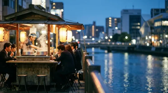 Stand de rue yatai illuminé à Fukuoka avec clients partageant un repas au comptoir