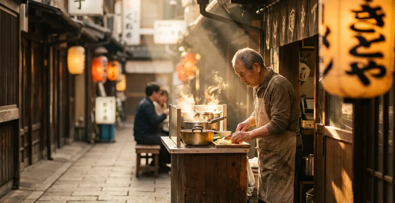 Une ruelle latérale yokocho paisible avec des stands de nourriture peu fréquentés en milieu d'après-midi