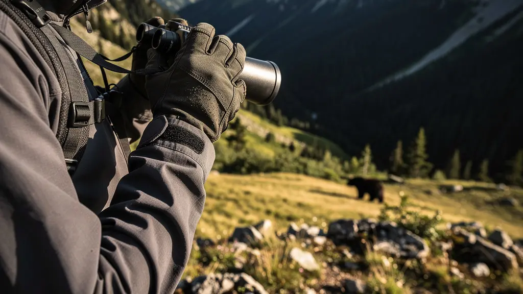 Randonneur observant un ours à distance sécurisée avec des jumelles depuis une crête Randonneur observant un ours à distance sécurisée avec des jumelles depuis une crête
